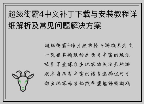 超级街霸4中文补丁下载与安装教程详细解析及常见问题解决方案 超级街霸4中文补丁下载与安装教程详细解析及常见问题解决方案